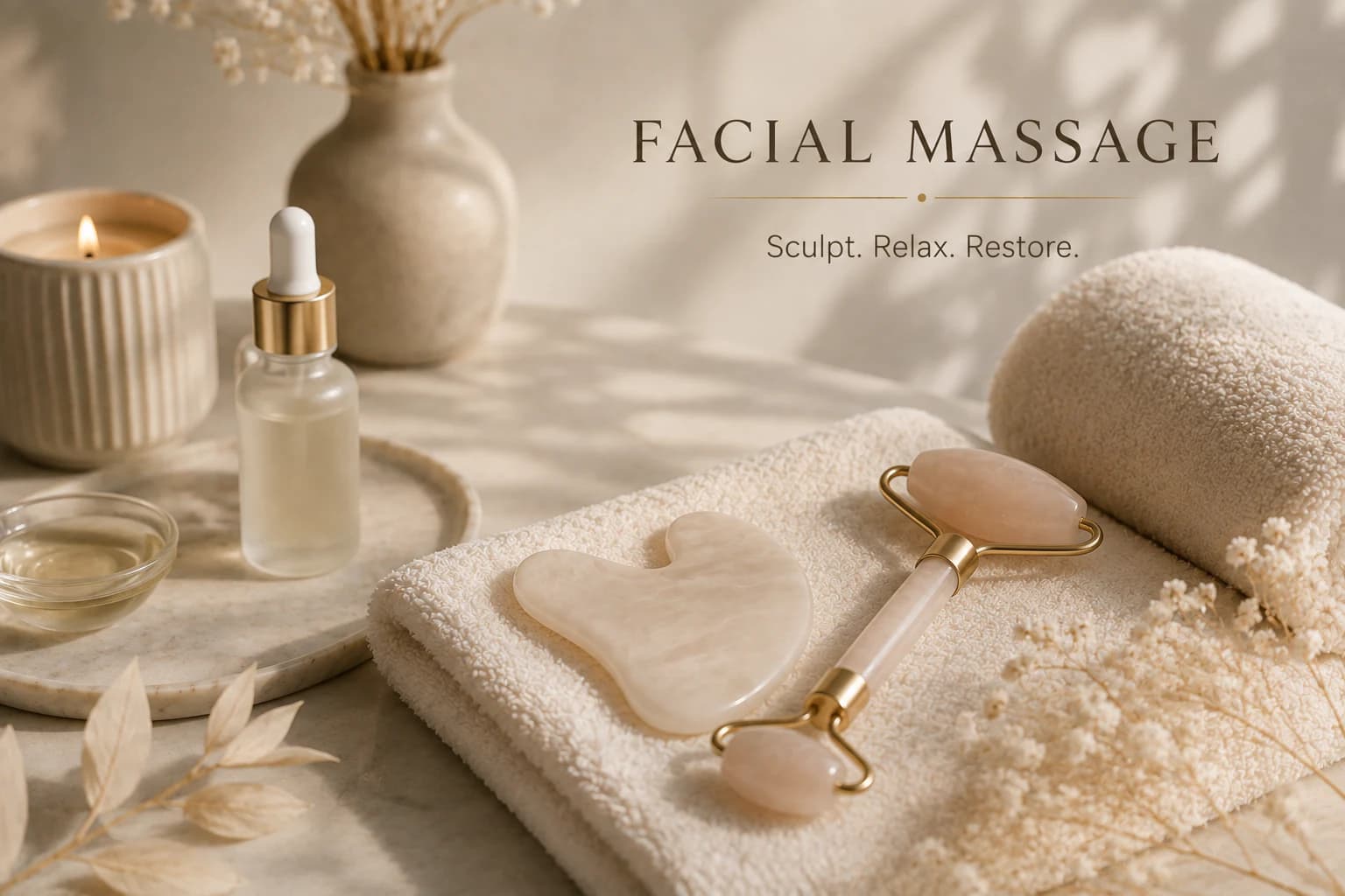 Facial massage tools, serum, and towels in a warm treatment setting