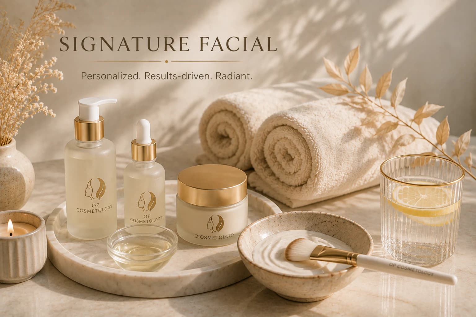Skincare products, warm towels, and treatment tools arranged for a facial